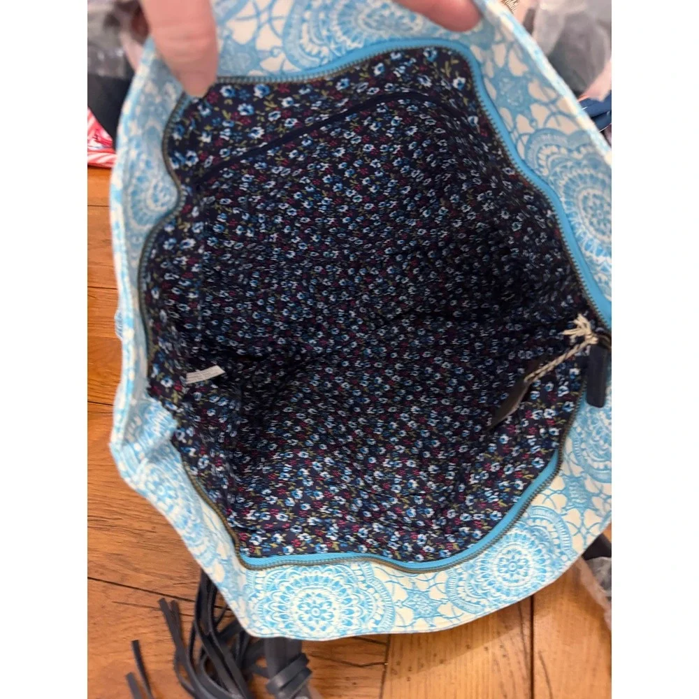 Matilda Jane Boho Mandala Print Tote Bag Navy Blue‎ Leather Fringe Tassel